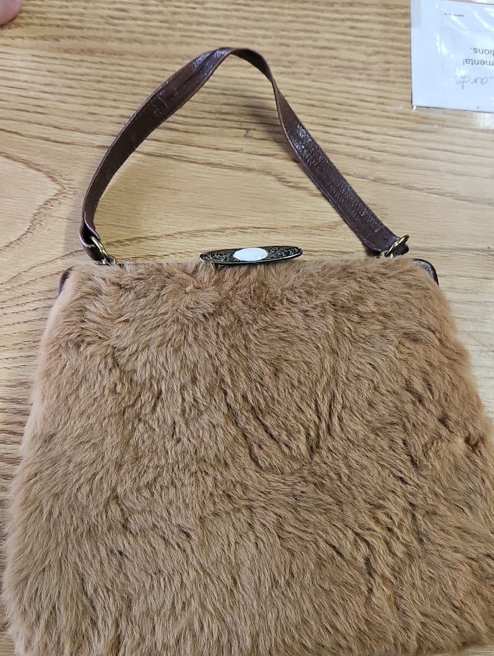 Plush Faux Fur Shoulder Bag in Light Brown with Brown Strap